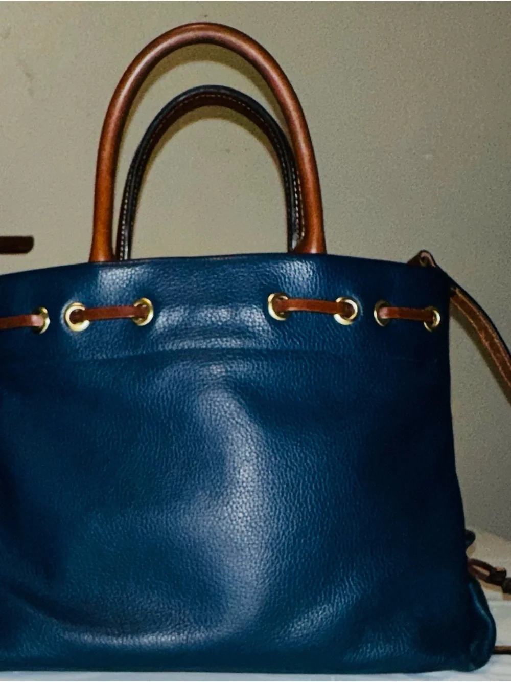 Dooney & Bourke Navy Blue Leather Satchel with Brown Trim and Tassels